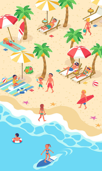 矢量插图(等距)的生活风景，许多人在夏天来海边