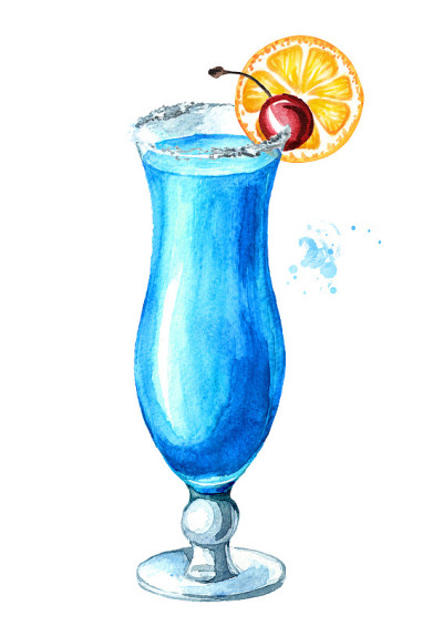 蓝泻湖鸡尾酒，配粥和樱桃。水彩手绘插图孤立的白色背景