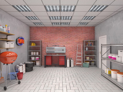 大型车库与棕色大理石瓷砖，3d插图