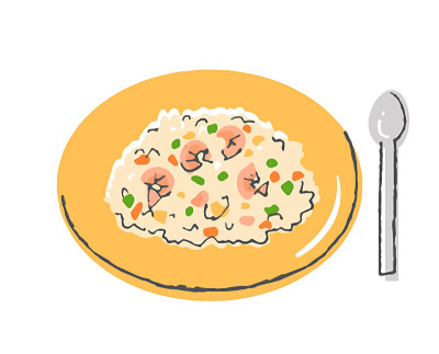 一盘虾肉饭和勺子