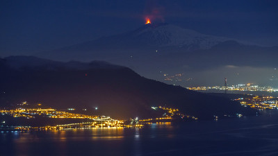 2022年2月10日，意大利西西里岛，埃特纳火山在夜间喷发，前景是大海和城市的灯光