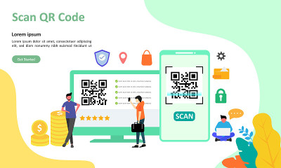 二维码扫描概念，人们使用智能手机扫描代码。适合网页登陆页面，ui，手机应用，横幅模板。矢量图