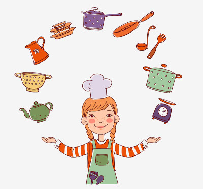 可爱和微笑的女孩在厨师制服在白色的背景。小孩用厨房用具做饭