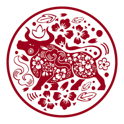 2021年春节作文圈。牛年。向量华丽的剪纸剪影插图水牛和花