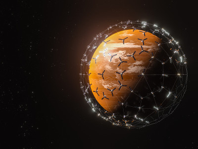 监视和研究太阳系外未知行星的卫星。美丽的抽象插图，行星在太空和闪亮的星星。有活火山的未知行星。库存图