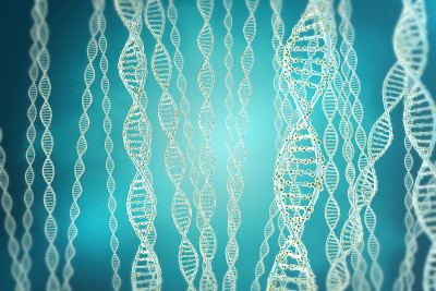 蓝色背景下dna结构的生物化学概念。3 d