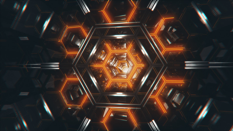 无限3d插图飞行在明亮的未来主义走廊由金属