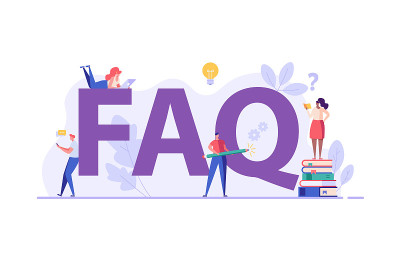 People with big FAQ sign. Customers asking frequen
