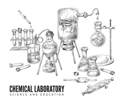 向量素描背景与设备和玻璃器皿，为化学科学或教育实验室。在白色背景上分离的手绘医疗和生物仪器。