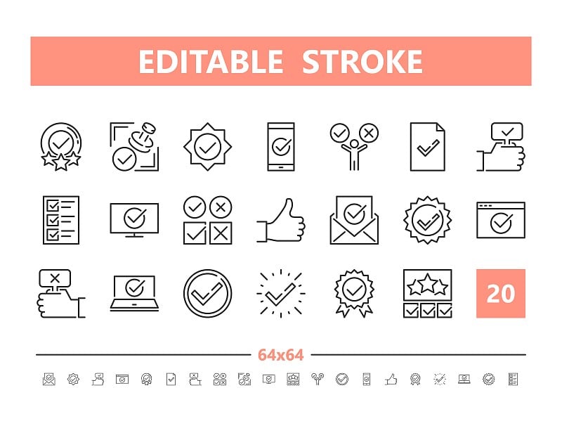 批准20个行图标。直线风格的矢量插图。可编辑的描边，64x64, 256x256，完美像素。