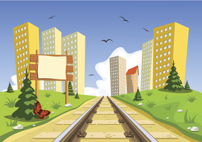 火车线路穿过风景进入城市