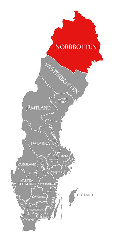 Norrbotten在瑞典地图上用红色标出