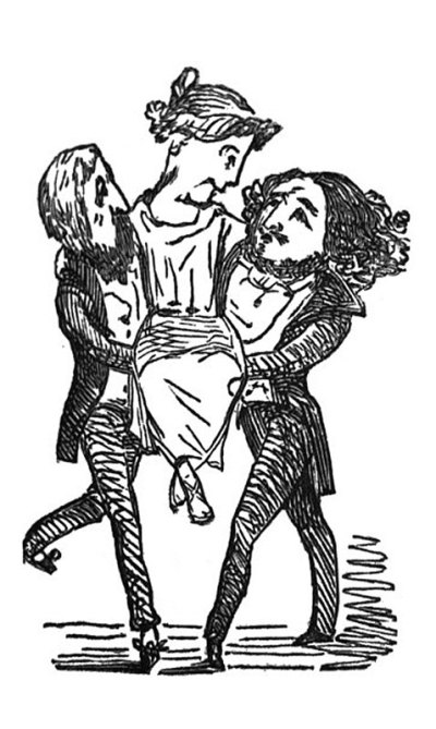 英国讽刺漫画漫画插图-两个男人抱着一个女人坐在他们的怀里