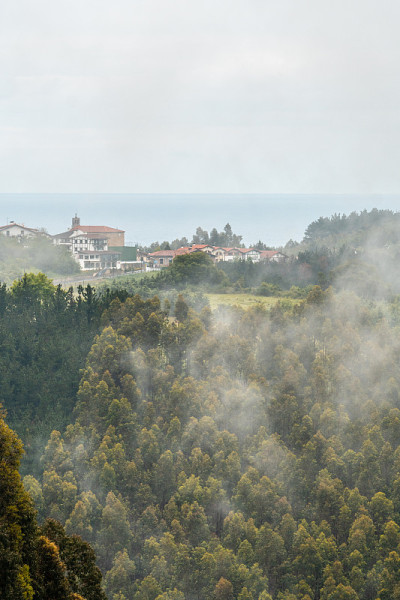 一个雾气弥漫的山顶上的小镇。在Lekeitio旁边的ispaste的春天，Bizkaia的风景。巴斯