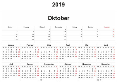 2019年德国白底月历。
