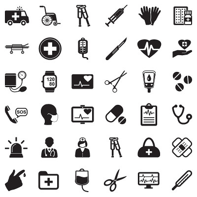 Ambulance Icons. Black Flat Design. Vector Illustr