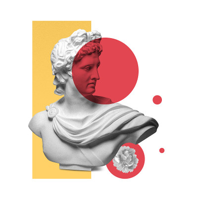 带有古代雕像的现代观念艺术海报。当代艺术的拼贴画。