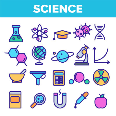科学线图标集矢量。分析图形轮廓。科学实验室图标。网页设计简介