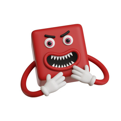 3d渲染，抽象的情绪红色的脸图标，侵略性的emoticon剪辑艺术孤立的白色背景。愤怒的卡通人物插画