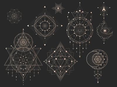 向量集神圣的几何符号与月亮，眼睛，箭头，捕梦网和数字在黑色的背景。