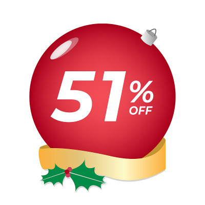 打51%。百分之五十一的折扣。圣诞节销售旗帜。红色的小玩意，在白色的背景向量上装饰。
