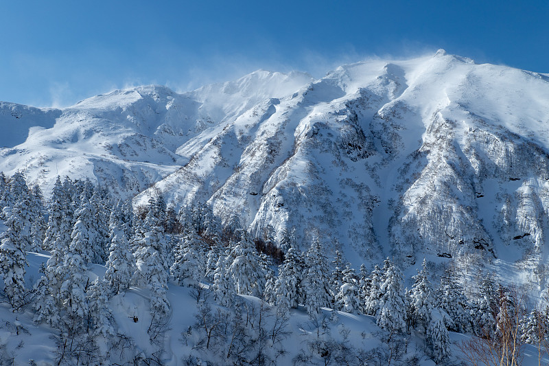 北海道冬季十胜山脉的景色。