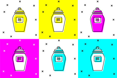 Set Funeral urn icon isolated on color background.