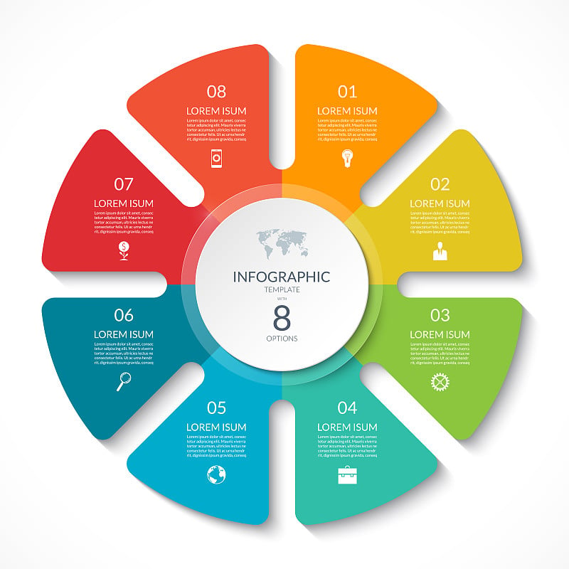 信息图表圆图。矢量循环图8个选项。可用于图形，演示，报告，步骤选项，网页设计。