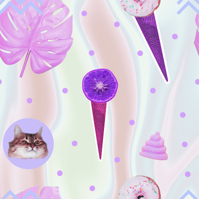 冰淇淋，猫头，独角兽的粉色粪便和怪兽树叶的图案