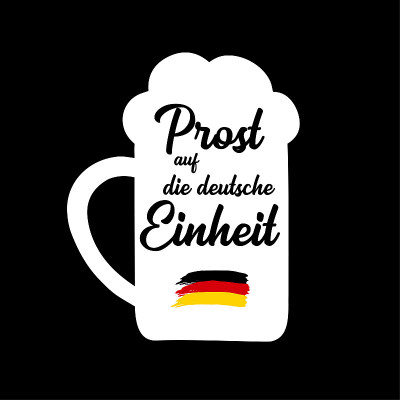 手绘啤酒杯上写着“Prost auf die deutsche Eincheit”，用德语翻译为“为