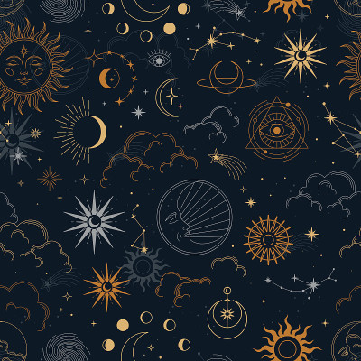 矢量魔术无缝图案与星座，太阳，月亮，魔法眼睛，云彩和星星。