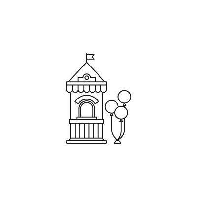 票务亭气球图标矢量线性设计孤立的白色背景。公园标志模板，元素为游乐园，线图标对象