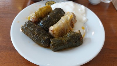 传统的土耳其菜(Dolma)。肉、米饭或碾碎的干面包放在卷心菜和葡萄叶子之间煮熟。配上酸奶