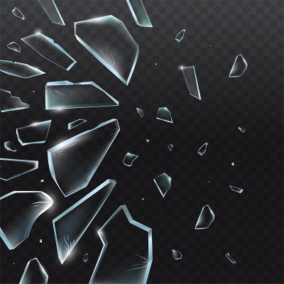 Broken glass pieces. Shattered glass on black back