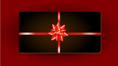 Gift card design with red ribbon and gift bow isol