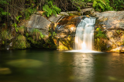 美丽的溪水Poço da Cilha瀑布，Manhouce, Sao Pedro do Sul，葡萄