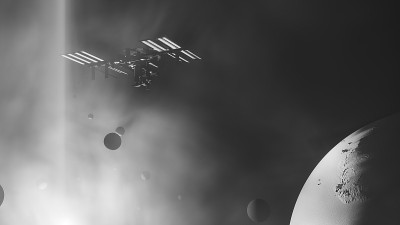 行星，国际空间站和宇宙雾中的太阳。三维演示