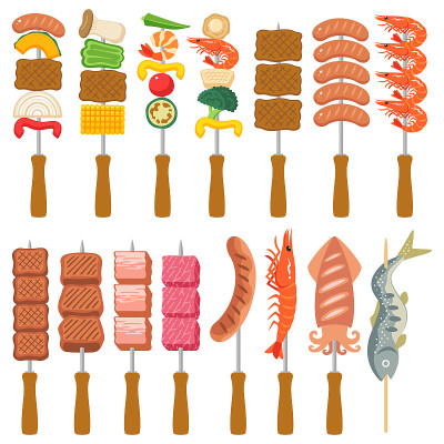 烧烤串上各种食物的插图