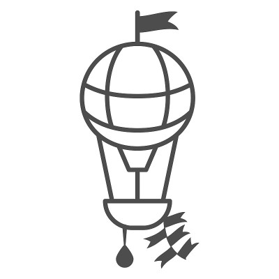 圆形气球与篮子和旗帜细线图标，气球节日的概念，航空运输旅游标志上的白色背景，在轮廓风格的移动热气球图