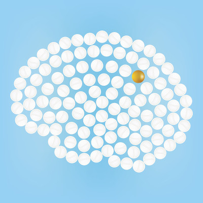 人类大脑与药丸分离的背景。矢量图