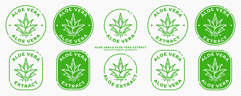 化妆品包装用邮票。标签上是芦荟提取物。植物图标与流动的成分线。向量集。