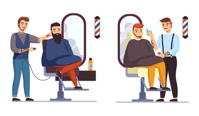 发廊里的人。理发店，发型师与客户工作，男性发型胡子和胡须创造。嬉皮士男孩坐在理发店的椅子上。矢量卡通