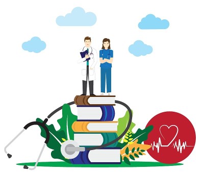 医学教育理念。年轻的男女医生。平现代矢量医学生在线教育。