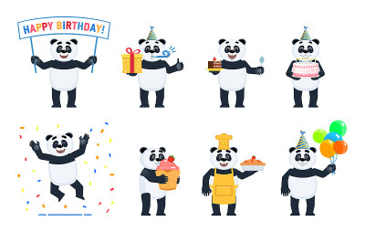 一组熊猫角色在不同的情况下摆姿势。欢快的熊猫庆祝生日，举着生日横幅，蛋糕，礼盒，礼物，纸杯蛋糕，派，