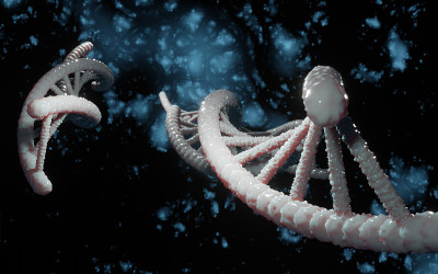 DNA结构，分离的深蓝色背景上的抽象螺旋分子丛。医学、遗传生物技术、基因细胞进化、化学生物学、未来基