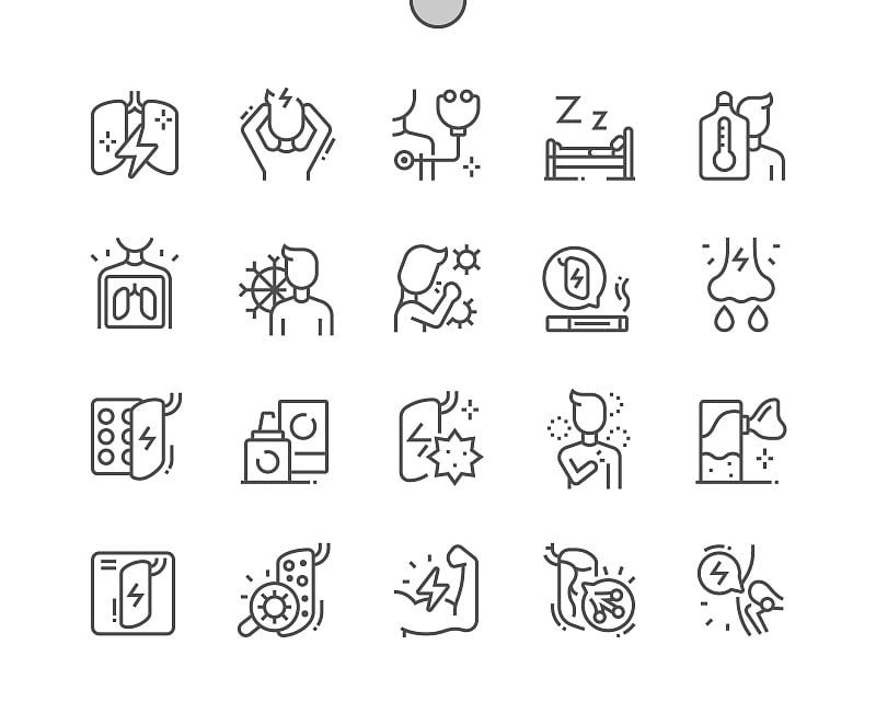 支气管炎。生病的肺。头痛和嗜睡。流鼻涕。保健、医疗和医药。像素完美矢量细线图标。简单的最小的象形图