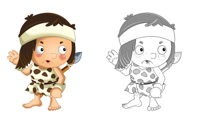 卡通素描场景与快乐的穴居人野蛮战士猎人渔夫插图