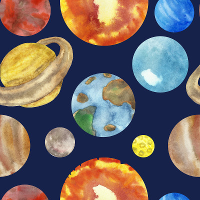 水彩手画无生命的自然太阳系无缝模式与水星，金星，地球，火星，木星，土星，天王星，海王星和太阳植物和恒