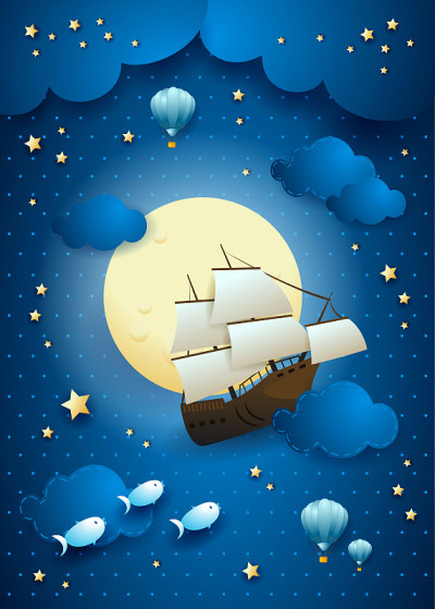 有飞船和满月的梦幻夜空