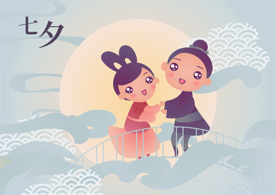 矢量插图卡为中国七夕节。一对可爱的卡通人物牛郎和织女站在桥上。字幕翻译:七夕，也可读作七夕
